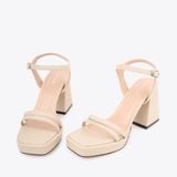  Sandal Cao Gót Mũi Vuông Khoá Cài Quai Ngang NK-16 Kem 