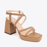  Sandal Cao Gót Đế Đúp Mũi Vuông Phối Da Vân NK-1 Cafe 
