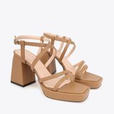  Sandal Cao Gót Đế Đúp Mũi Vuông Phối Da Vân NK-1 Cafe 