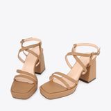  Sandal Cao Gót Đế Đúp Mũi Vuông Phối Da Vân NK-1 Cafe 
