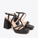  Sandal Cao Gót Đế Đúp Mũi Vuông Phối Da Vân NK-1 Đen 