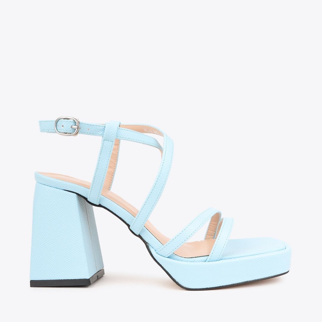  Sandal Cao Gót Đế Đúp Mũi Vuông Phối Da Vân NK-1 Xanh Biển 