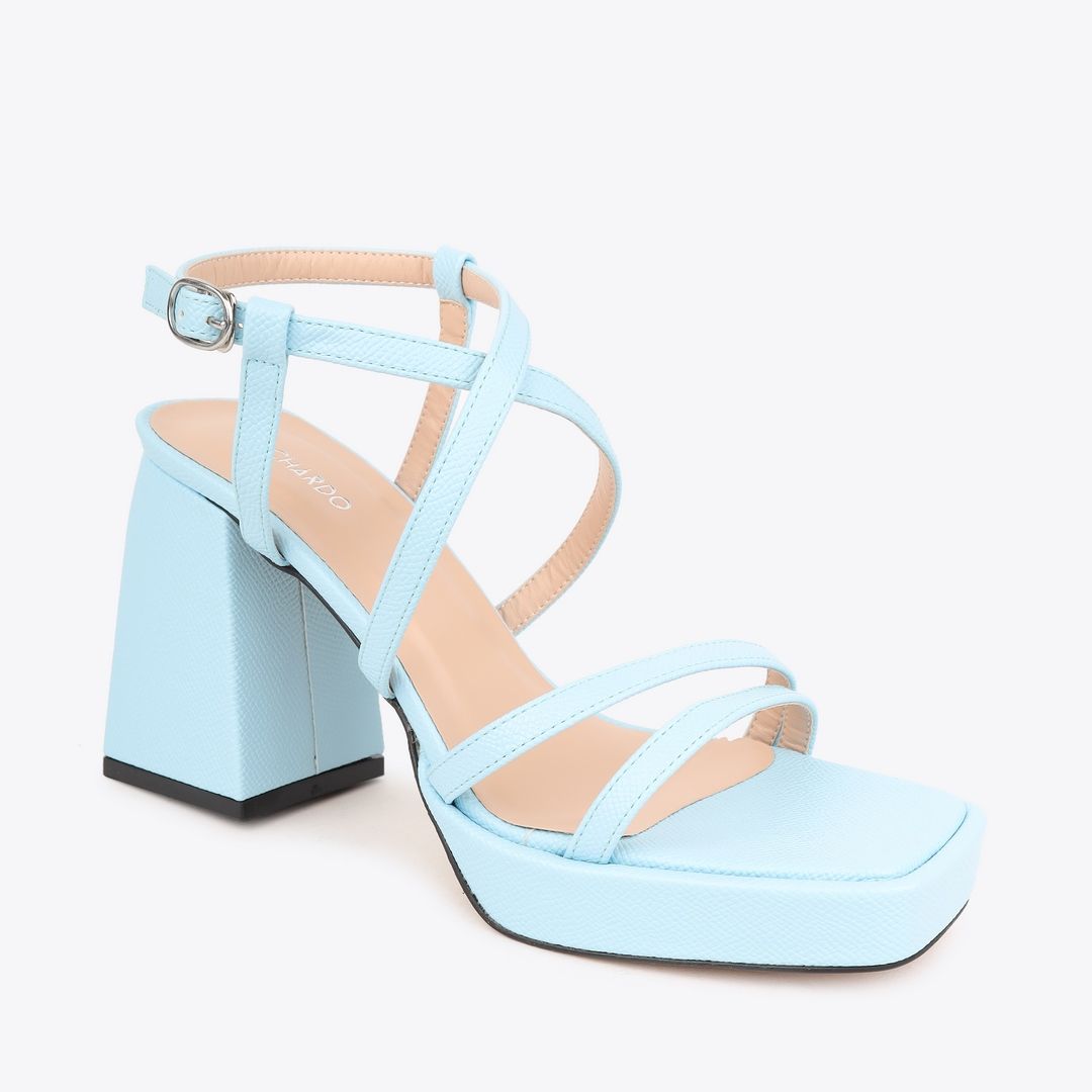  Sandal Cao Gót Đế Đúp Mũi Vuông Phối Da Vân NK-1 Xanh Biển 