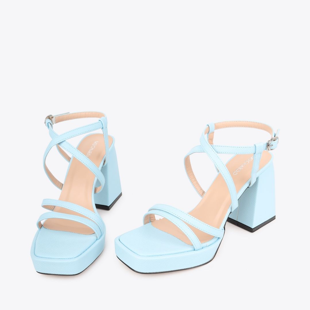  Sandal Cao Gót Đế Đúp Mũi Vuông Phối Da Vân NK-1 Xanh Biển 