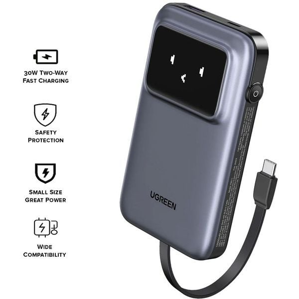Thiết kế gọn nhẹ, Pin sạc di động 10.000mAh với Cáp USB-C Tích Hợp Ugreen PB511 35603B Xám đa năng, dễ dàng mang theo mọi lúc