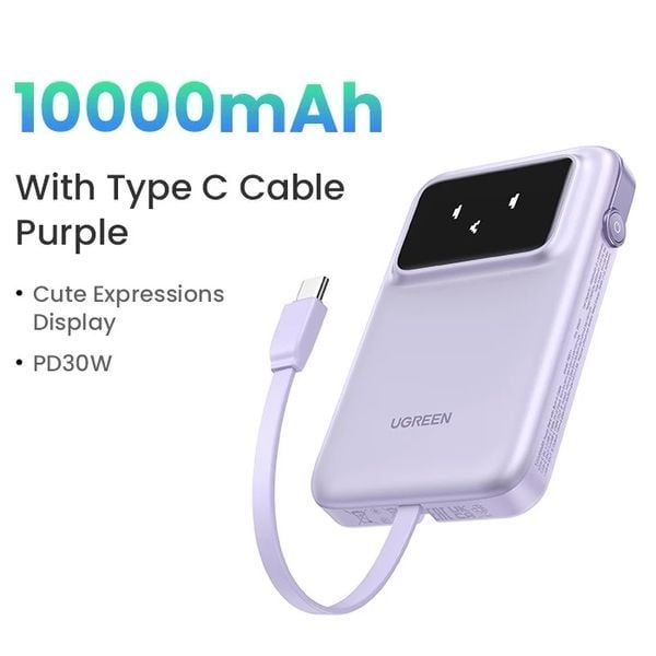 Pin sạc di động 10.000mAh với Cáp USB-C Tích Hợp Ugreen PB511 35604B Tím hỗ trợ sạc nhanh cho điện thoại, máy chơi game bán tại nShop