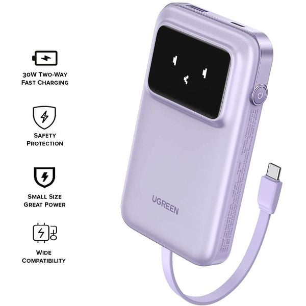 Pin sạc di động 10.000mAh với Cáp USB-C Tích Hợp Ugreen PB511 35604B Tím hỗ trợ sạc nhanh cho điện thoại, máy chơi game bán tại nShop
