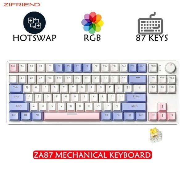 Bàn phím cơ có dây Zifriend ZA87 Purple Hot Swap màu tím chính hãng chất lượng tốt đẹp mắt phù hợp nhu cầu chơi game văn phòng học tập