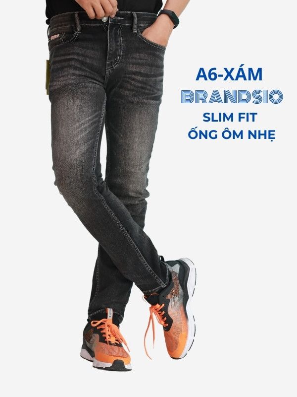  Quần Jean Nam Slim Fit Ống Côn Ôm Nhẹ, Co Giãn, Màu Xám Brandsio A6 