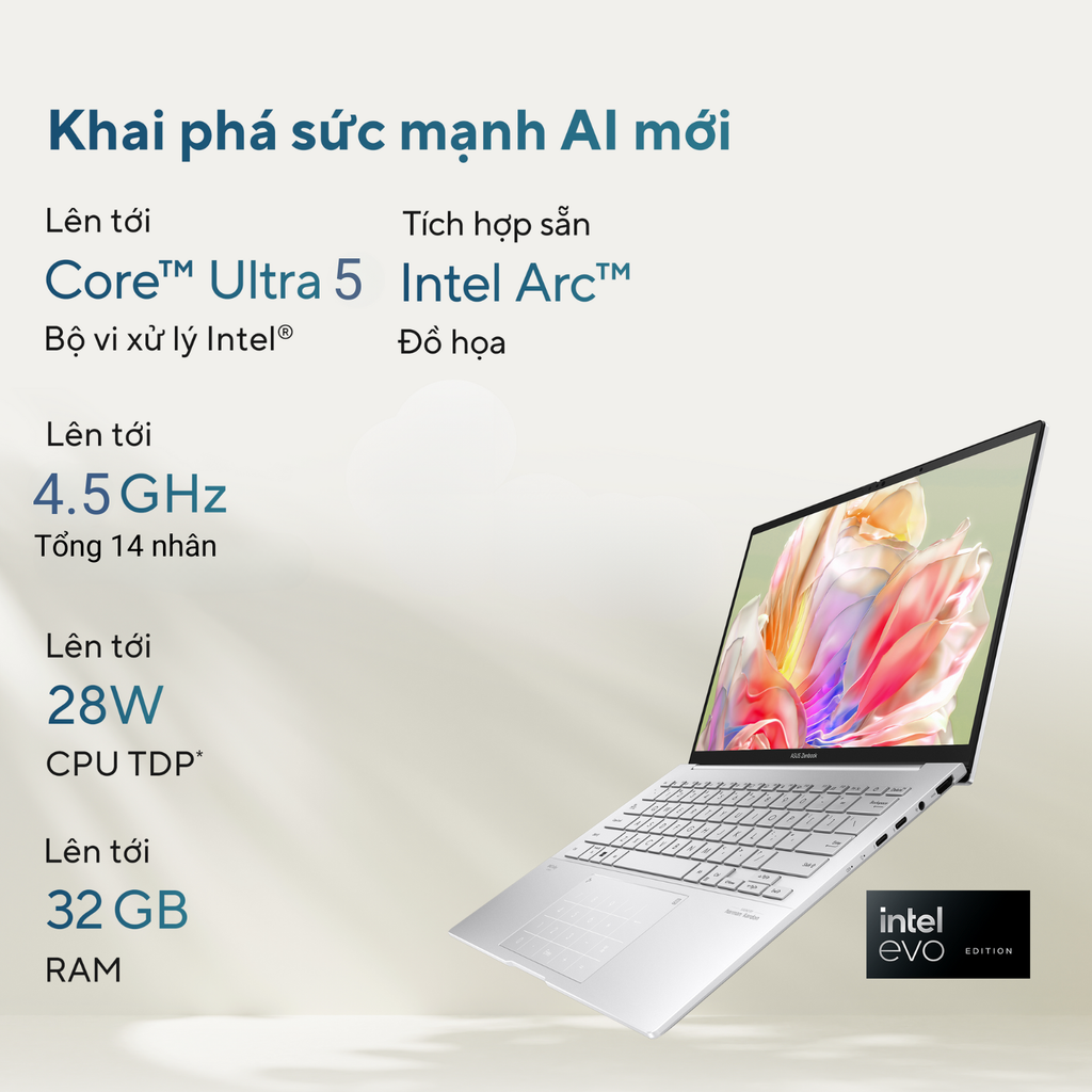 Laptop ASUS ZenBook 14 OLED UX3405MA-PP588W (Ultra 5 125H | 16GB | 512GB | Intel Arc Graphics | 14' WQXGA+ OLED | Win 11)