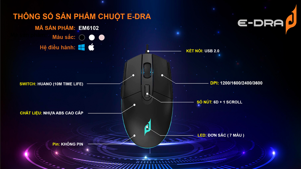 Chuột Gaming E-Dra EM6102 Wired Trắng