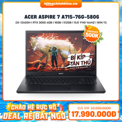 Laptop Acer Aspire 7 A715-76G-5806 (i5-12450H | GeForce RTX™ 3050 4GB | 16GB | 512GB |  15.6' FHD 144Hz | Win 11)