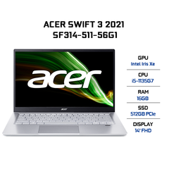 Laptop Acer Swift 3 SF314-511-56G1 (i5-1135G7 | 16GB | 512GB | Intel Iris Xe Graphics | 14' FHD | Win 10)