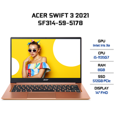 Laptop Acer Swift 3 SF314-59-5178 (i5-1135G7 | 8GB | 512GB | Intel Iris Xe Graphics | 14' FHD | Win 10)