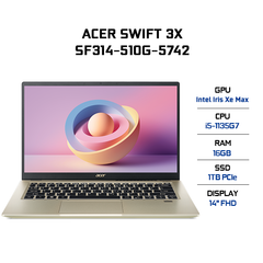 Laptop Acer Swift 3X SF314-510G-5742 (i5-1135G7 | 16GB | 1TB | Intel Iris Xe Max Graphics | 14' FHD | Win 10)