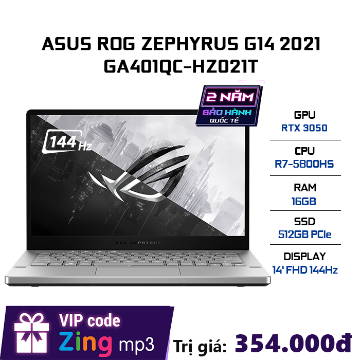 Laptop ASUS ROG Zephyrus G14 GA401QC-HZ021T (R7-5800HS | 16GB | 512GB | GeForce RTX™ 3050 4GB | 14' FHD 144Hz | Win 10 | AniMe Matrix)