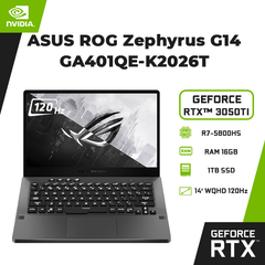 Laptop ASUS ROG Zephyrus G14 GA401QE-K2026T (R7-5800HS | 16GB | 1TB | GeForce RTX™ 3050Ti 4GB | 14' WQHD 120Hz | Win 10 | AniMe Matrix)