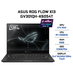 Laptop ASUS ROG Flow X13 GV301QH-K6054T (R7-5800HS | 16GB | 512GB | VGA GTX 1650 4GB | 13.4' WUXGA 120Hz Touch | Win 10)