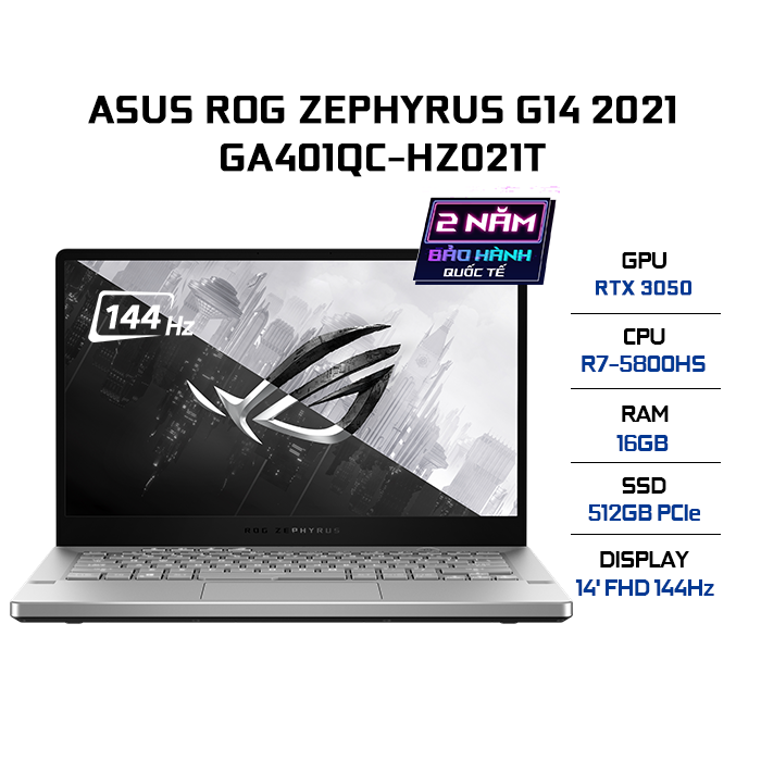 Laptop ASUS ROG Zephyrus G14 GA401QC-HZ021T (R7-5800HS | 16GB | 512GB | GeForce RTX™ 3050 4GB | 14' FHD 144Hz | Win 10 | AniMe Matrix)