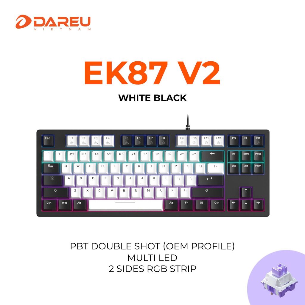Bàn phím cơ Gaming DAREU EK87 v2 White Black (2 sides RGB strip, Multi-Led, PBT Double Shot OEM profile, DareU Dream Switch)