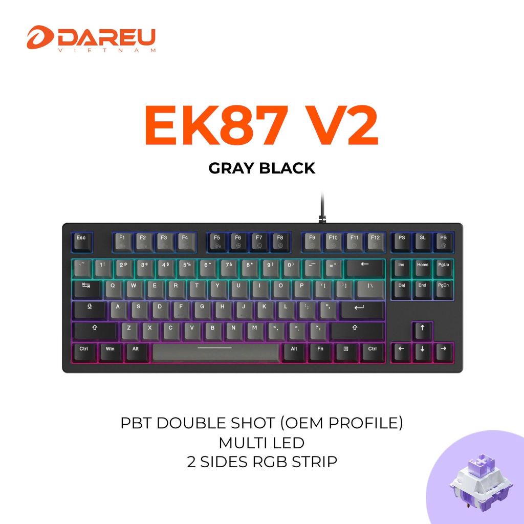 Bàn phím cơ Gaming DAREU EK87 v2 Gray Black (2 sides RGB strip, Multi-Led, PBT Double Shot OEM profile, DareU Dream Switch)