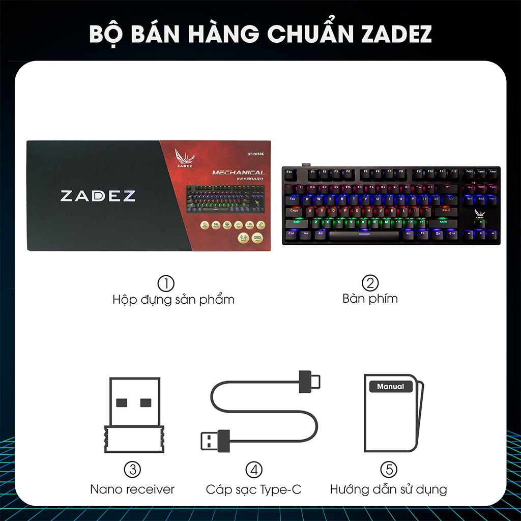 Bàn phím Gaming Zadez GT-015DK (OUTEMU Switches Blue/Red/Brown)