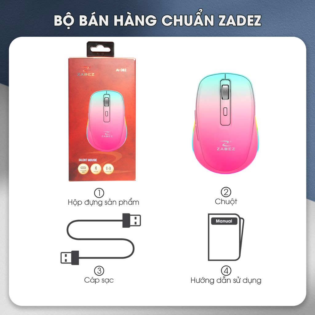 Chuột không dây Silent Zadez M-382Z (Cam đào, Tím)