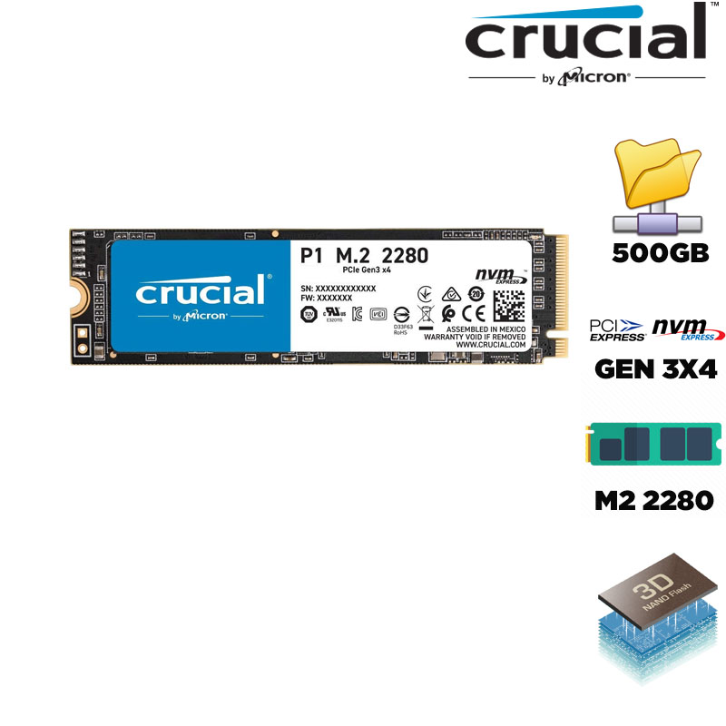 SSD Crucial P1 500GB NVMe 3D-NAND M.2 PCIe Gen3 x4 CT500P1SSD8