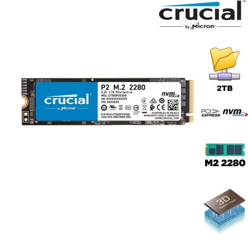 SSD Crucial P2 2TB NVMe PCIe Gen 3x4 M.2 2280 - CT2000P2SSD8