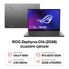 Laptop ASUS ROG Zephyrus G16 GU605MI-QR116W (Ultra 9 185H | GeForce RTX™ 4070 8GB | 32GB | 1TB |  16' WQXGA 240Hz | Win 11)