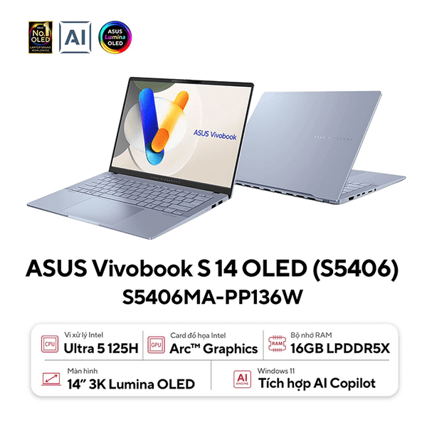 Laptop ASUS VivoBook S 14 OLED S5406MA-PP136W (Ultra 5 125H | 16GB | 1TB | Intel Arc Graphics | 14' 3K OLED 120Hz | Win 11)
