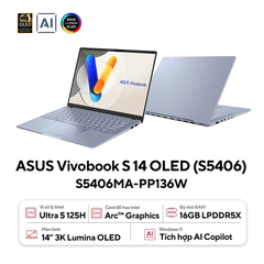 Laptop ASUS Vivobook S 14 OLED S5406MA-PP136W (Intel Core Ultra 5 125H | 16GB | 1TB | Intel® Arc™ Graphics | 14' 3K OLED 100% DCI-P3 120Hz | Win 11)