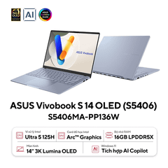 Laptop ASUS VivoBook S 14 OLED S5406MA-PP136W (Intel Core Ultra 5 125H | 16GB | 1TB | Intel Arc Graphics | 14' 3K OLED 100% DCI-P3 120Hz | Win 11)