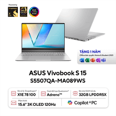 Laptop ASUS VivoBook S 15 OLED S5507QA-MA089WS (Snapdragon X Elite X1E 78 100 | 32GB | 1TB | Qualcomm Adreno | 15.6' 3K OLED 120Hz | Win 11 | Office)
