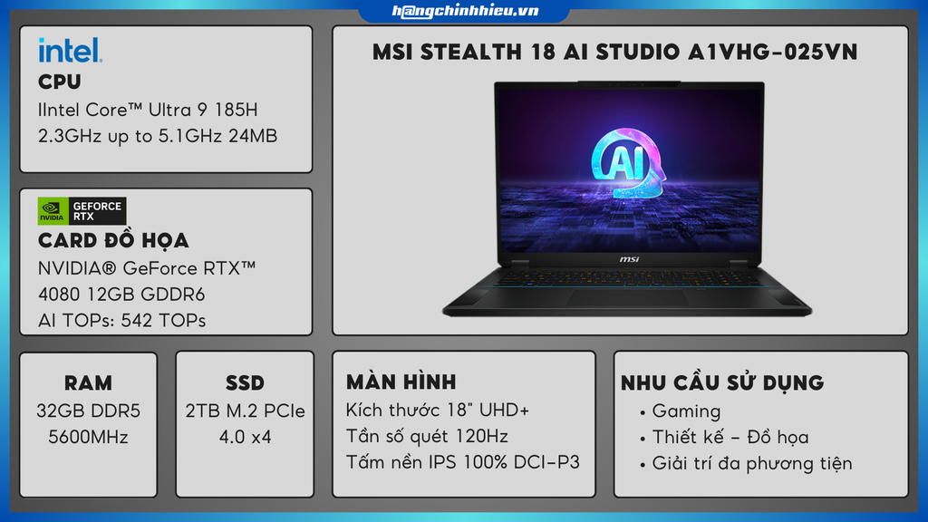 Laptop MSI Stealth 18 AI Studio A1VHG-025VN (Ultra 9 185H | GeForce RTX™ 4080 12GB | 32GB | 2TB |  18' UHD MiniLed 120Hz | Win 11)