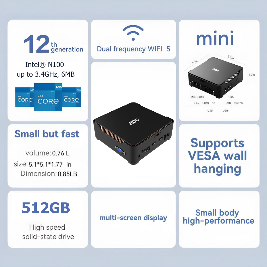 PC Mini AOC M3 (N100 | 8GB | 512GB | Wi-Fi 6 + Bluetooth | Win 11 Pro)