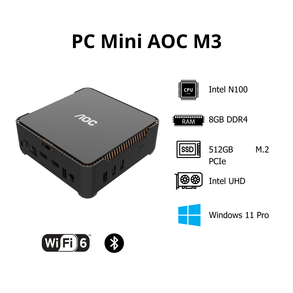 PC Mini AOC M3 (N100 | 8GB | 512GB | Wi-Fi 6 + Bluetooth | Win 11 Pro)