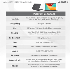 Laptop LG Gram 2023 17ZD90R-G.AX73A5 (i7-1360P | 16GB | 256GB | Intel Iris Xe Graphics | 17' WQXGA 99% DCI-P3 | DOS)