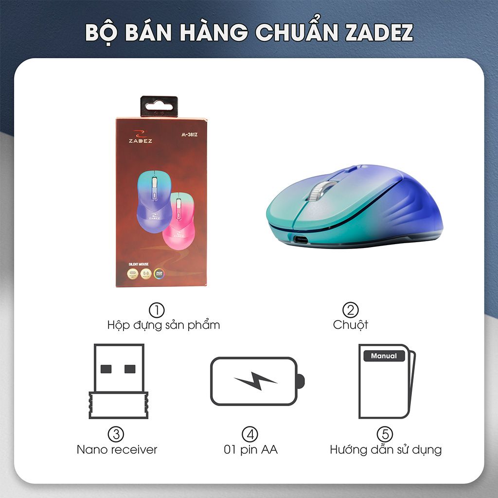 Chuột không dây Silent Zadez M-381Z Cảm biến Pixart 3065, 2000 DPI, Sạc Type-C, Pin 650 mAh, Đèn LED RGB