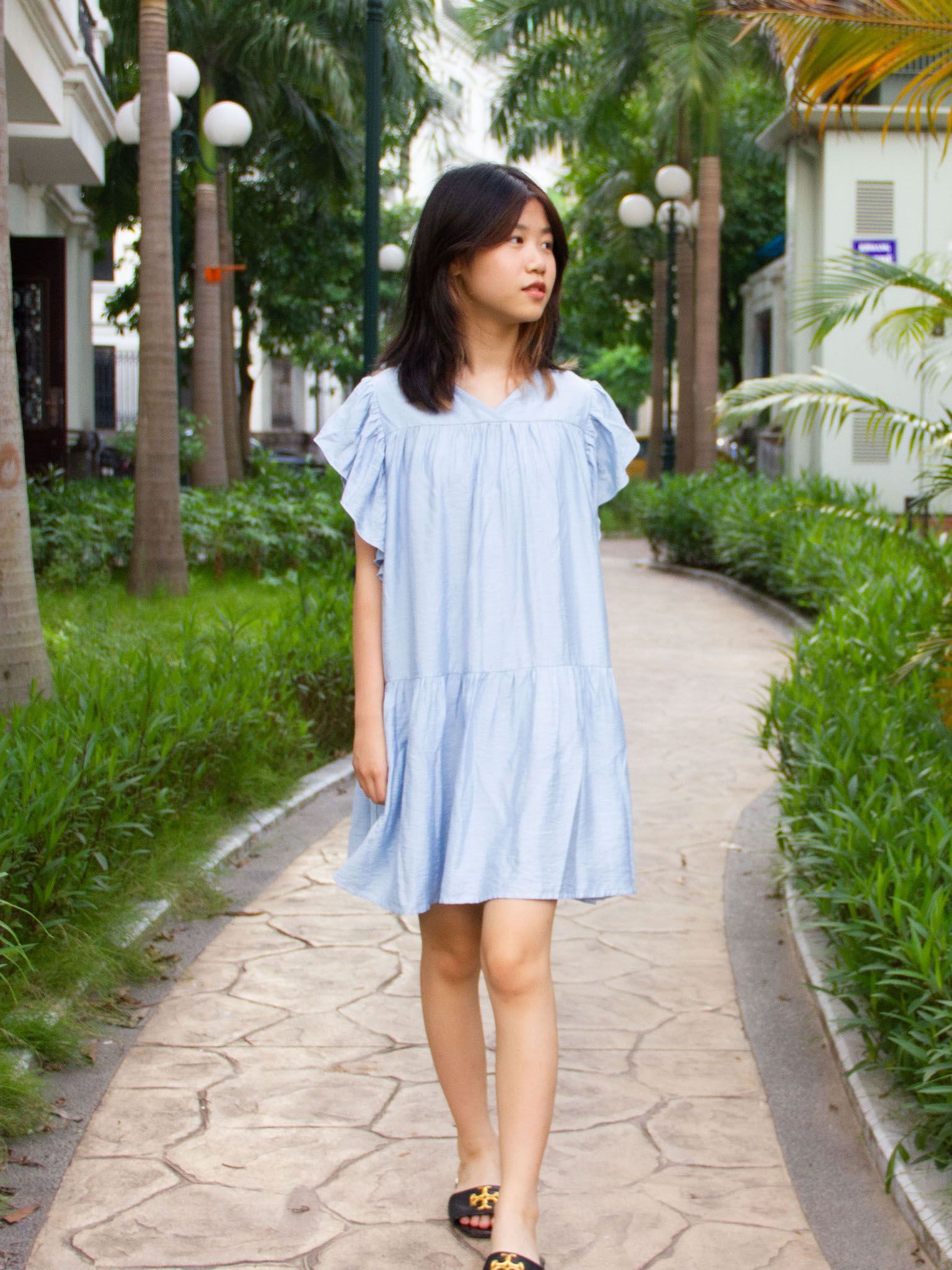 Đầm xòe 2 dây nơ ngực vải đũi  Nhập Sỉ Online