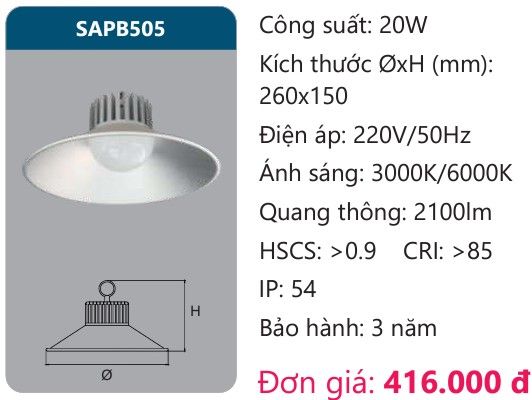 ĐÈN LED NHÀ XƯỞNG DUHAL 20W SAPB505