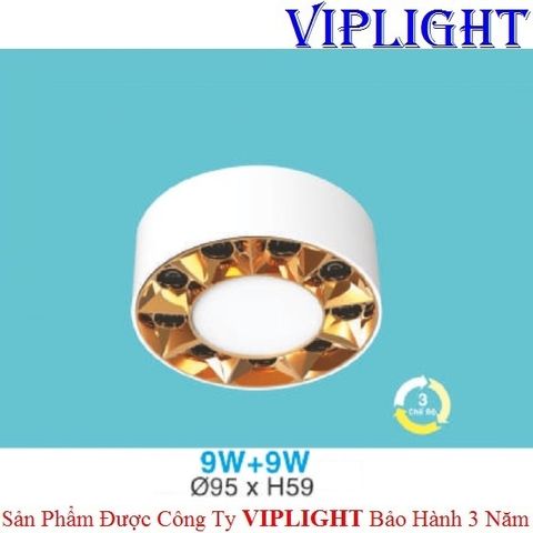  ĐÈN LON GẮN NỔI THIẾT KẾ 2 VIỀN LED 9W+9W BA MÀU XI ĐỒNG 