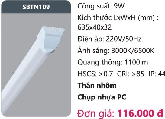 ĐÈN LED TUÝP 6 TẤC KIỂU BATTEN DUHAL SBTN109 ( 600mm , 9W )