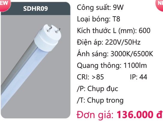 BÓNG ĐÈN TUÝP LED THÂN NHÔM DUHAL SDHR09 ( 6 TẤC / 9W )