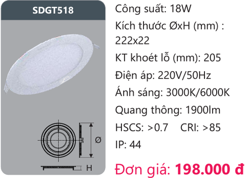  ĐÈN LED ÂM TRẦN DUHAL 18W SDGT518 