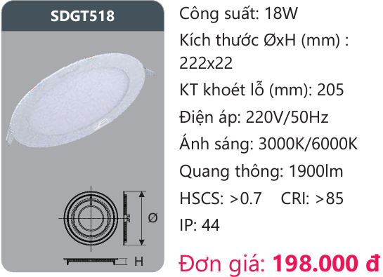 ĐÈN LED ÂM TRẦN DUHAL 18W SDGT518