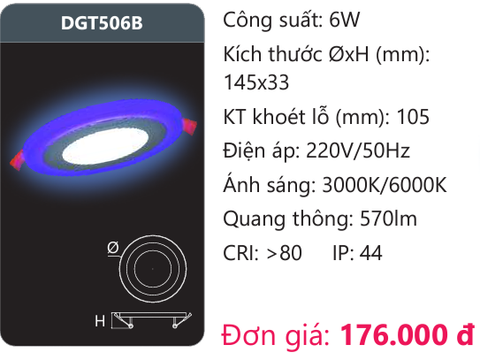  ĐÈN LED ÂM TRẦN 6W VIỀN MÀU DUHAL DGT506B 