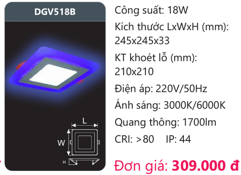  ĐÈN LED ÂM TRẦN 18W VIỀN MÀU DUHAL DGV518B 