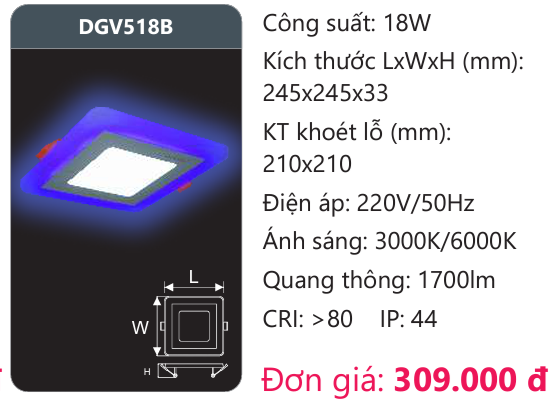 ĐÈN LED ÂM TRẦN 18W VIỀN MÀU DUHAL DGV518B