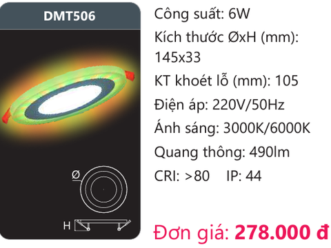  ĐÈN LED ÂM TRẦN 6W ĐỔI MÀU DUHAL DMT506 